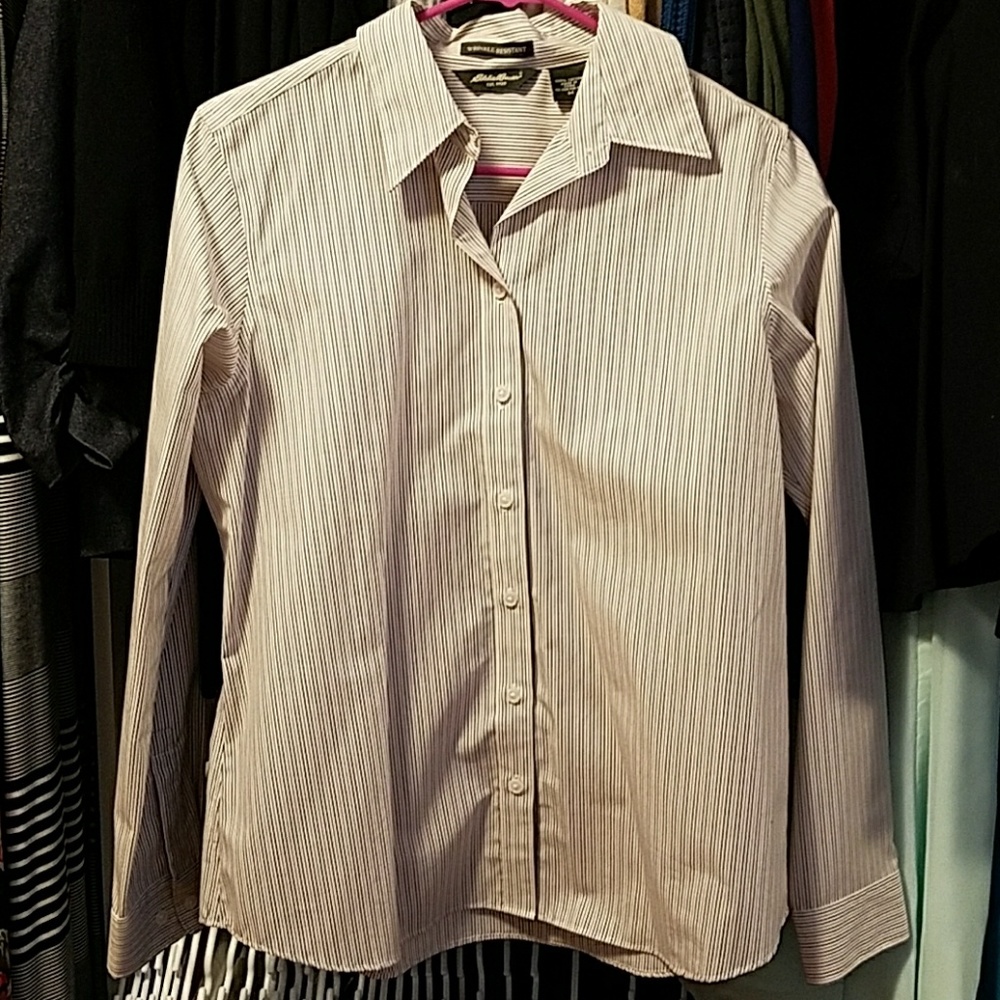 Navy and red pinstripe button down.